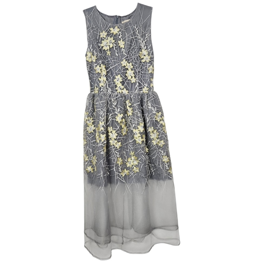 Sleeveless Gray Midi Dress with Pale Yellow Floral Embroidery